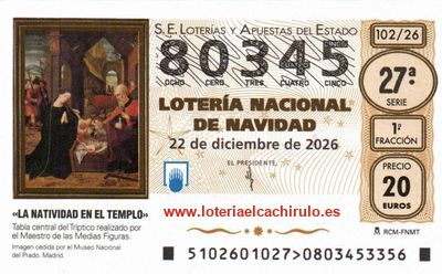 Anverso del d&eacute;cimo 80345 de la Loter&iacute;a de Navidad 2026, de Mislata (Valencia)